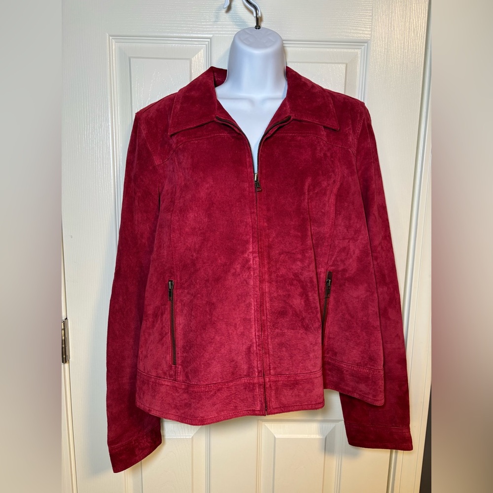 Red suede leather zip up jacket with zipper pockets by Style & Co-XL
